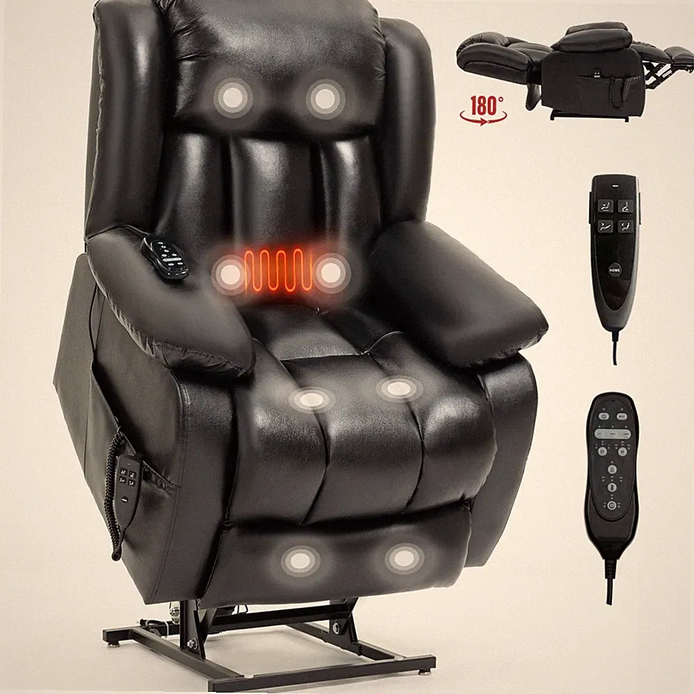 Genuine Black Leather Electric Power Lift Recliner,Dual Motor 350 LBS for Parlor