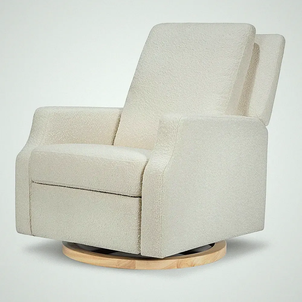 Ivory Boucle Swivel Glider Recliner with Light Wood Base, Greenguard Gold